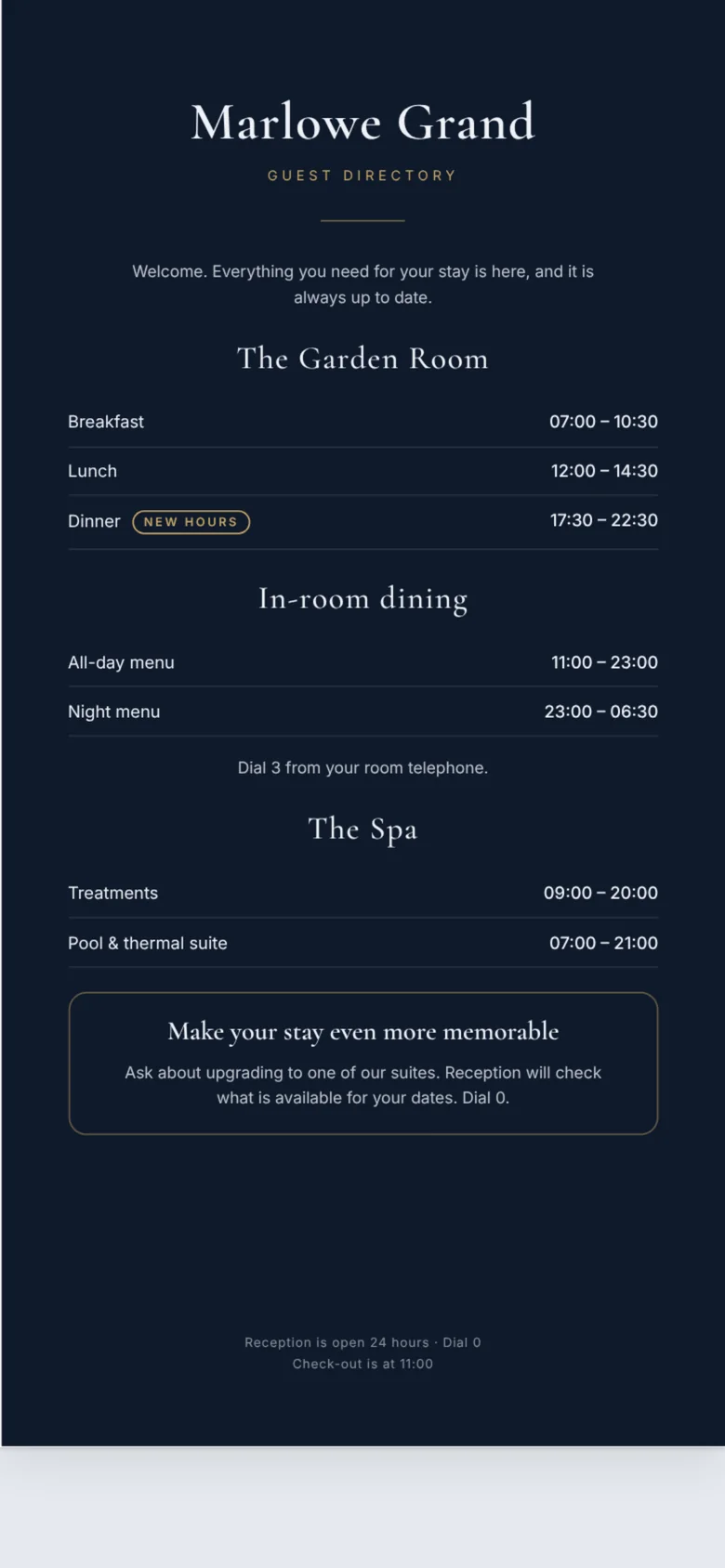 A guest's phone showing the updated guest directory, with new dinner hours from 17:30
