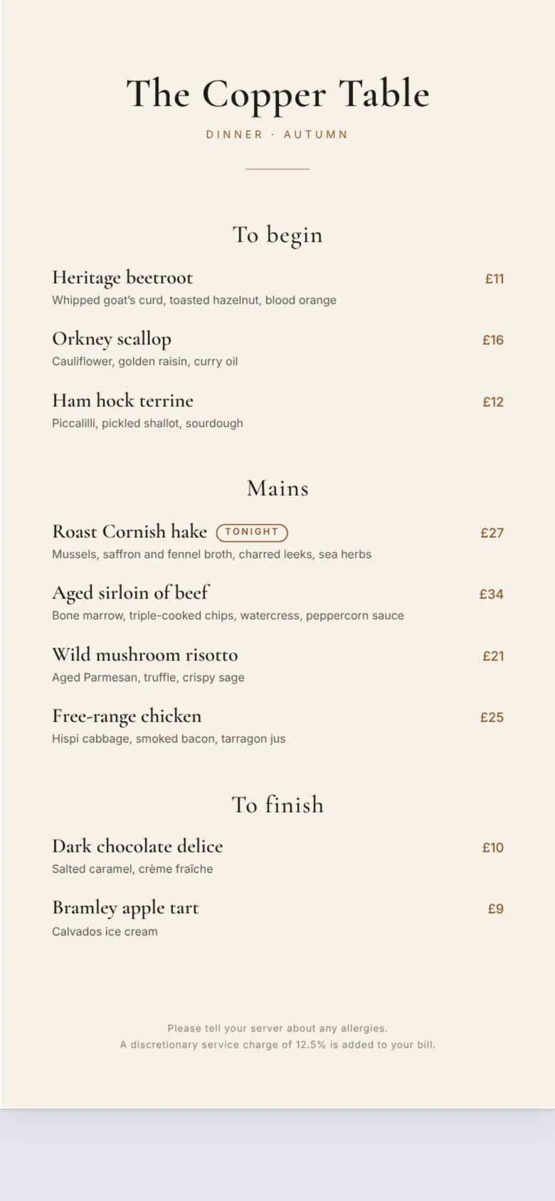 A guest's phone showing the updated dinner menu, with roast Cornish hake marked Tonight