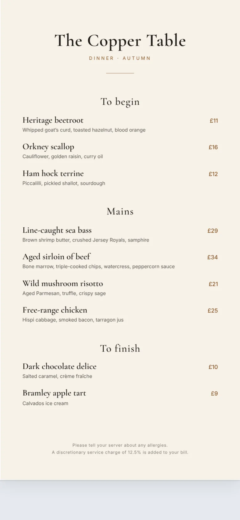 A guest's phone showing The Copper Table's dinner menu, with line-caught sea bass among the mains