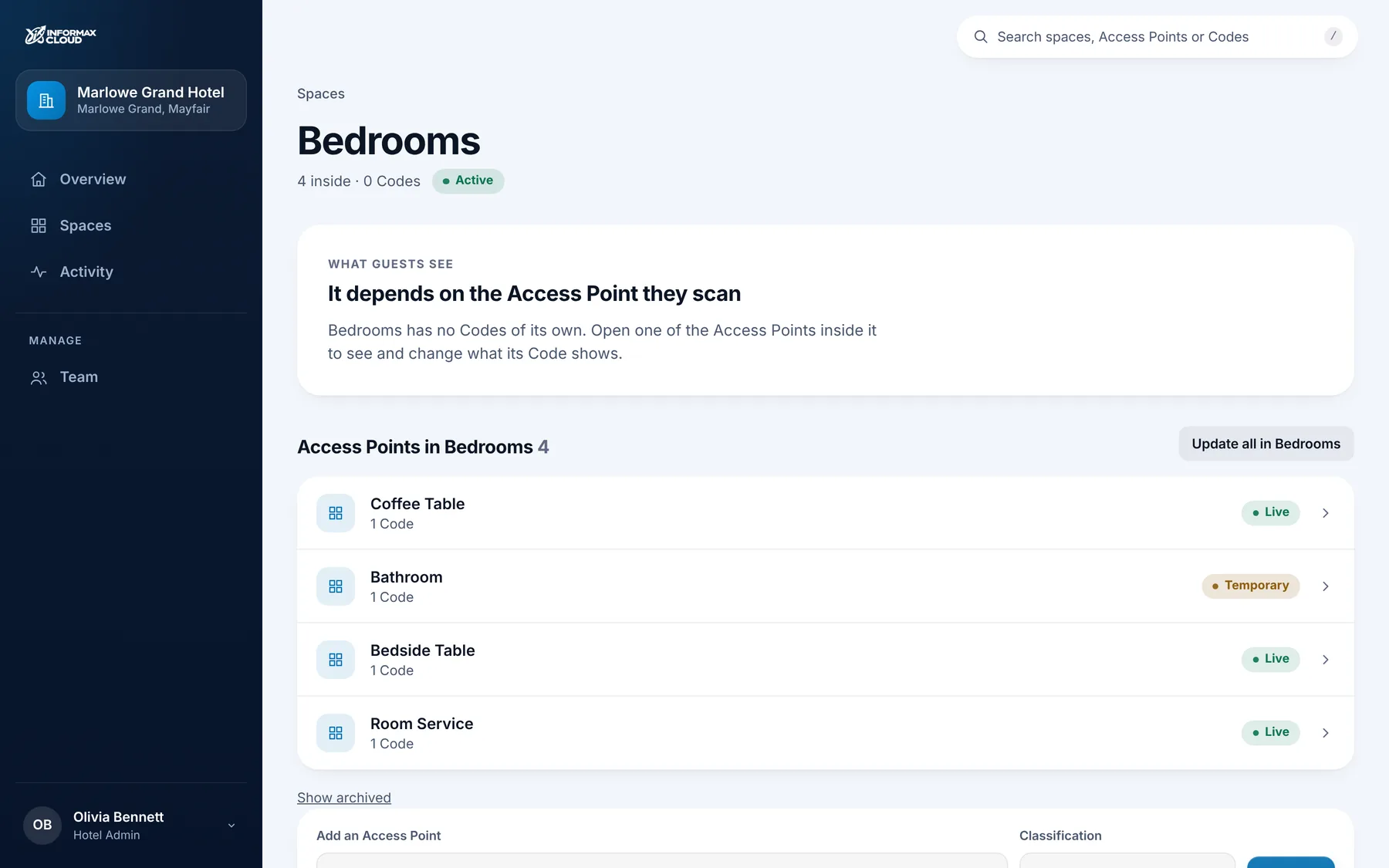 Informax Cloud: the Access Points in Bedrooms, each showing whether its content is live or temporary