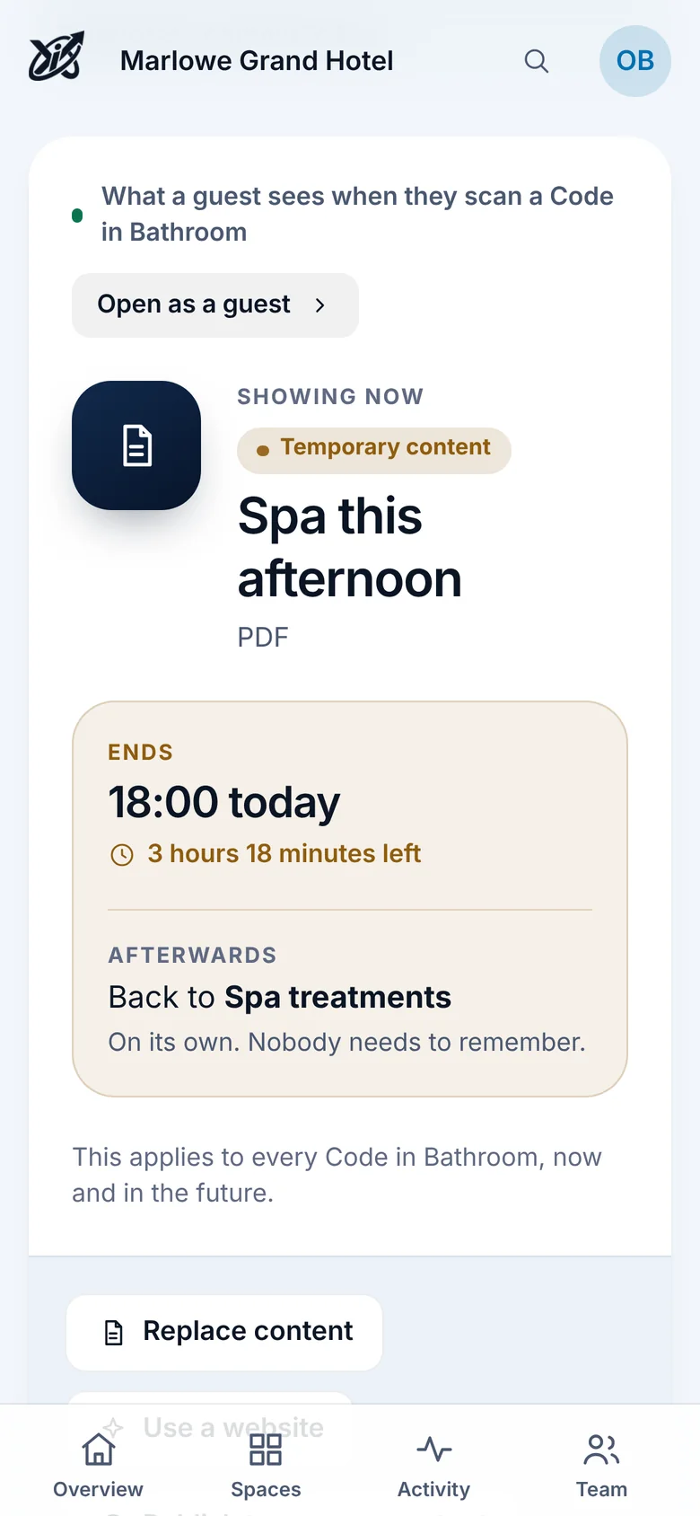 Informax Cloud on a phone: Spa this afternoon is showing, ends 18:00 today, then back to Spa treatments