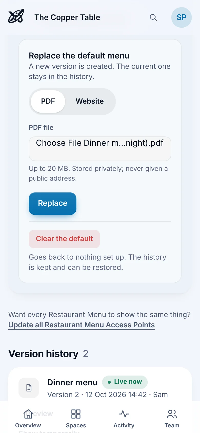 Informax Cloud on a phone: Replace the default menu, with the updated PDF chosen