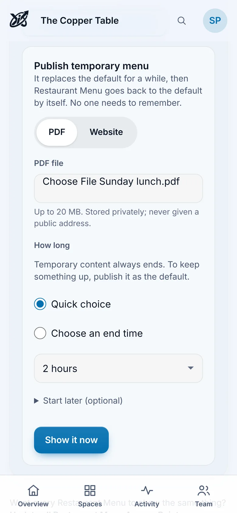 Informax Cloud on a phone: Publish temporary menu, for 2 hours